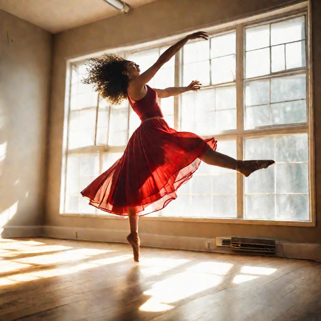 Танцующая девушка в красной юбке в солнечном свете