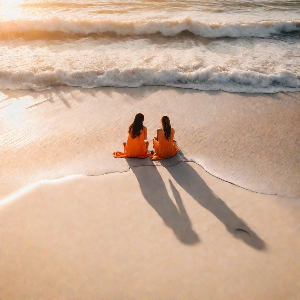 Две подруги в рассветных лучах солнца на пляже