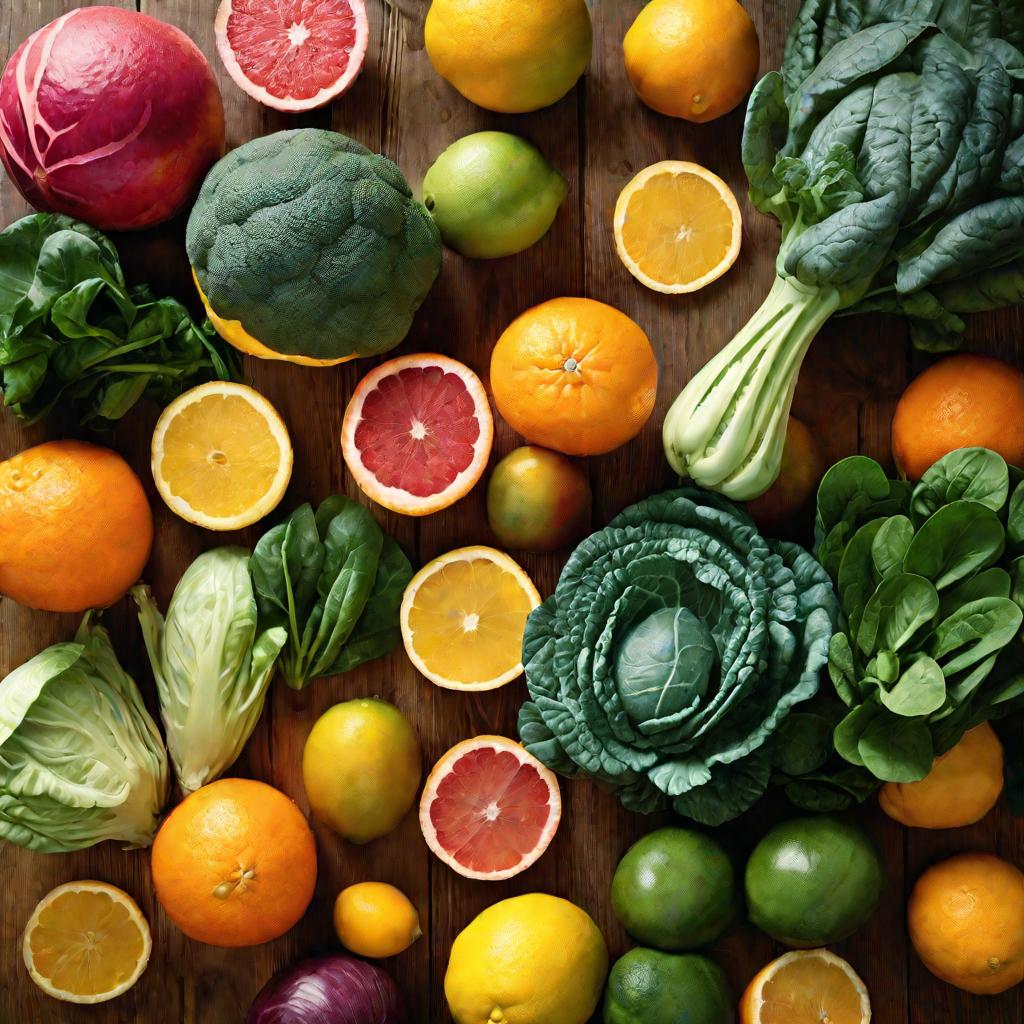 Фото: свежие фрукты и овощи на деревянном столе