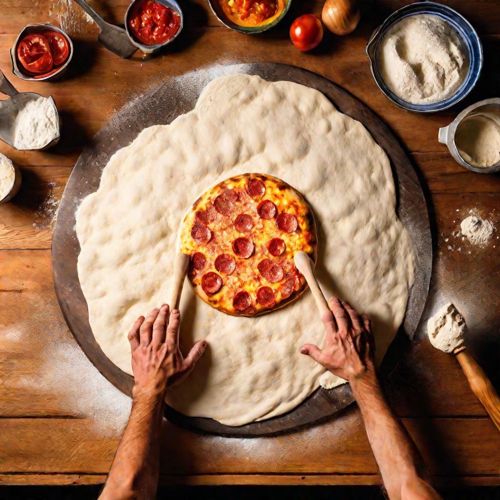 Руки подбрасывают тесто для пиццы вверх.