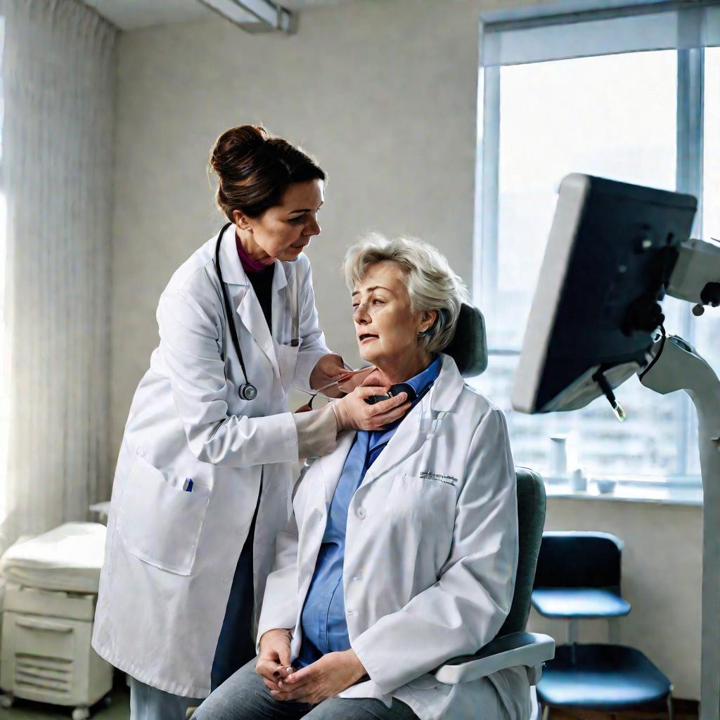Доктор исследует узи шеи пациента в клинике