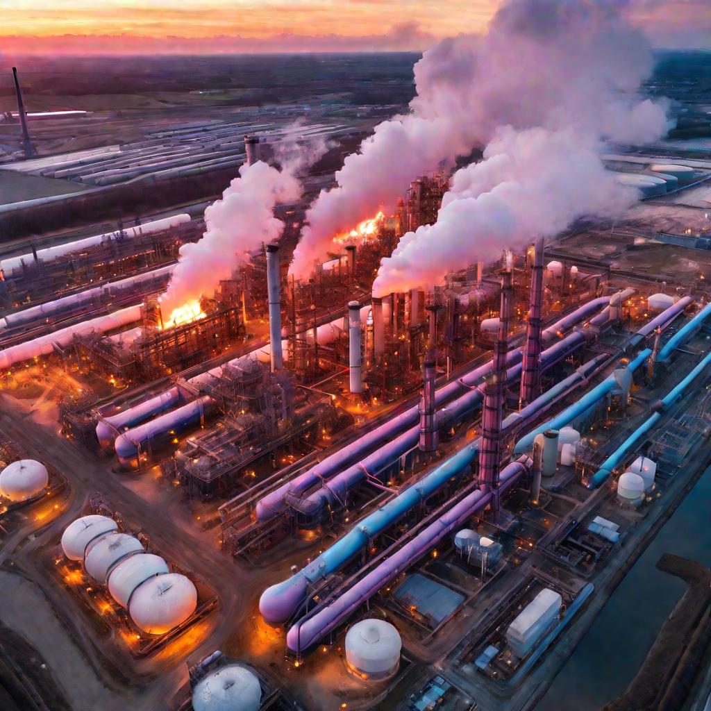 Вид с высоты на нефтехимический завод на рассвете