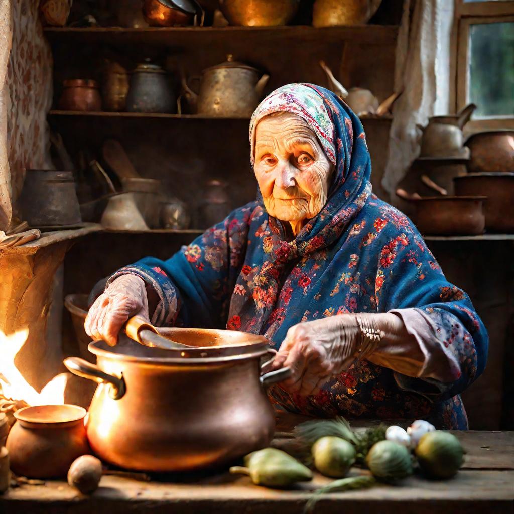 Бабушка готовит солянку