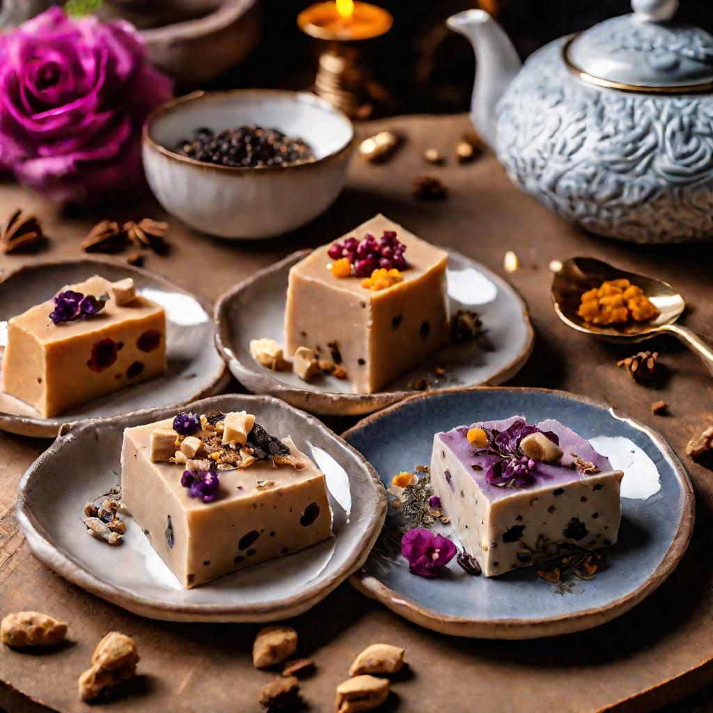 Крупным планом разные виды халвы, красиво украшенные на деревянном блюде со сладостями на столе рядом с чайным набором при контрастном освещении