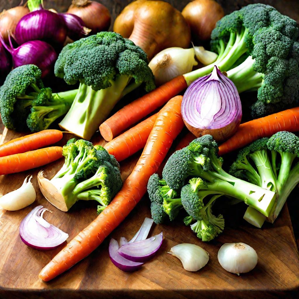 Разделочная доска с нарезанной брокколи, морковью, картофелем и луком.
