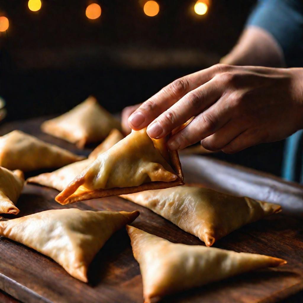 Аккуратная лепка самсы из теста с мясной начинкой