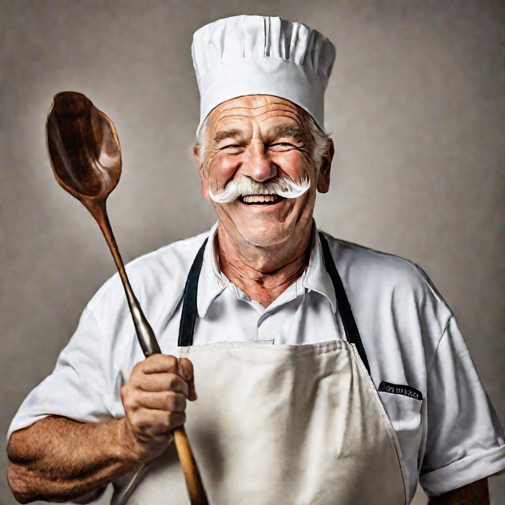 Портрет старого кавказского повара с ложкой в руке