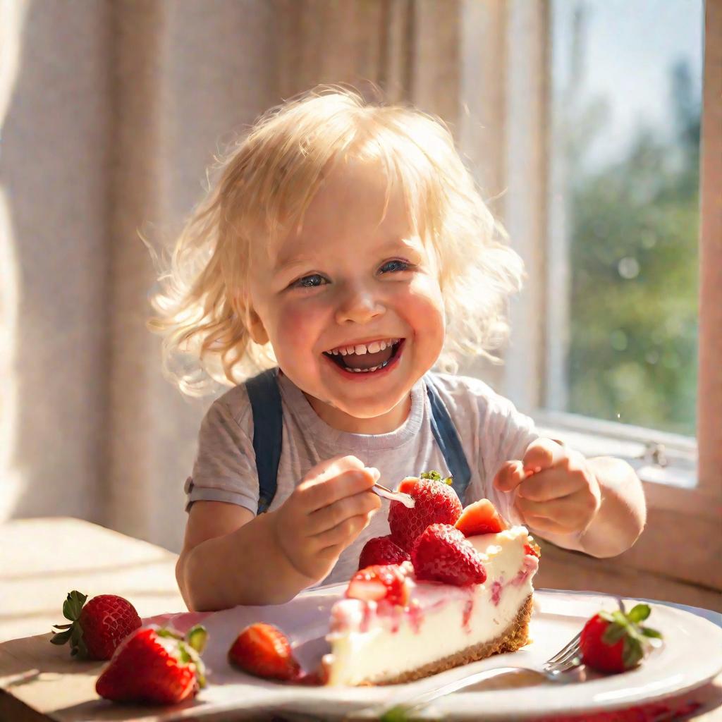 Ребенок ест творожный торт