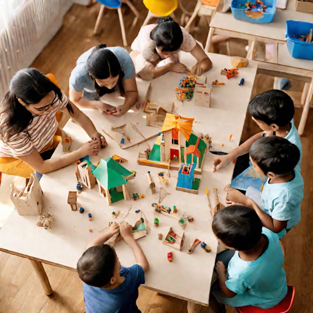 Родители с детьми мастерят поделки под руководством воспитателя в светлом просторном классе детского сада