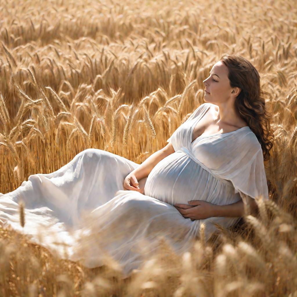 Беременная женщина сидит в поле пшеницы