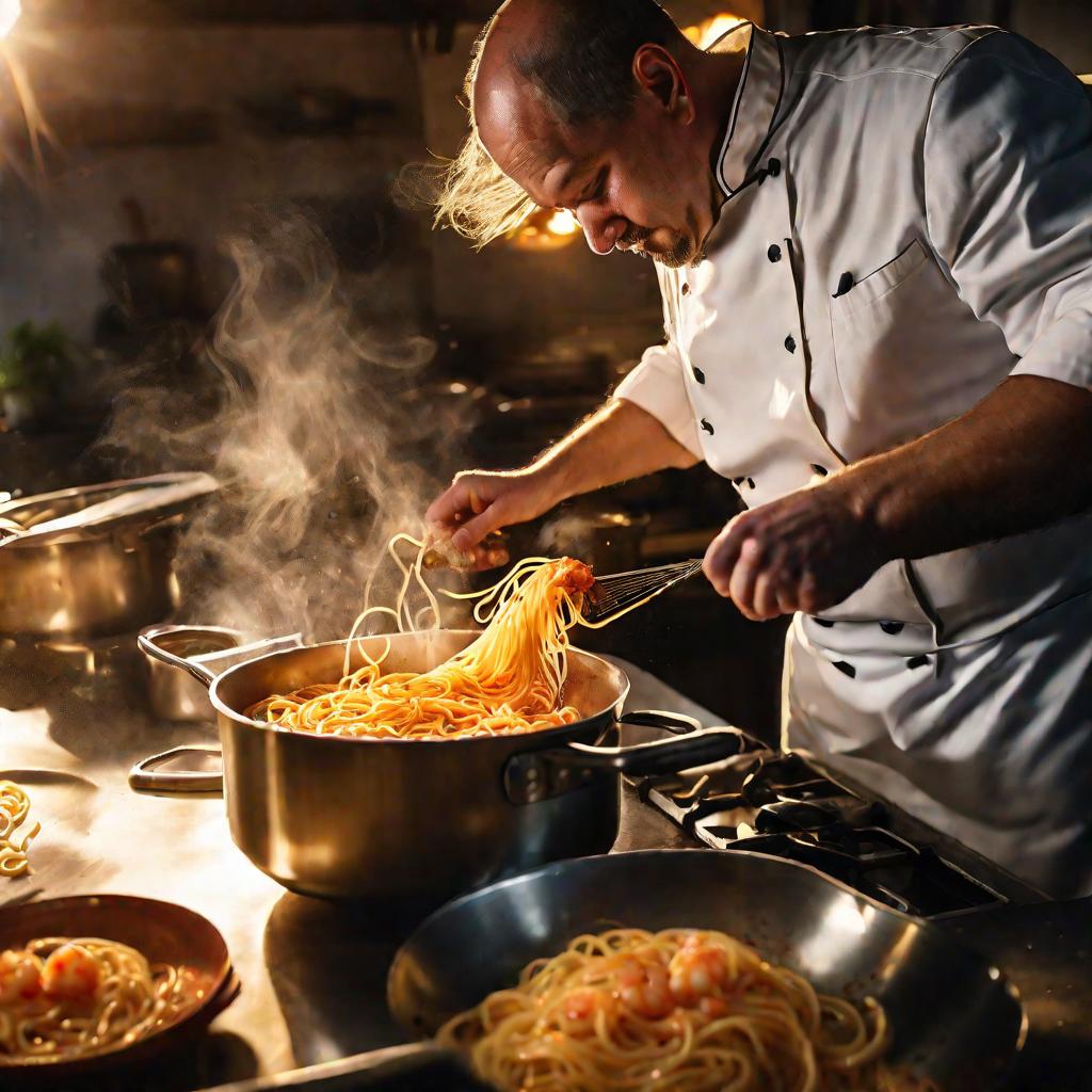 Повар готовит спагетти с креветками на кухне ресторана на закате