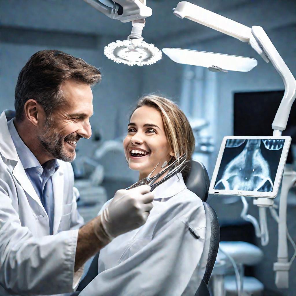 Ортодонт устанавливает пластинку пациентке