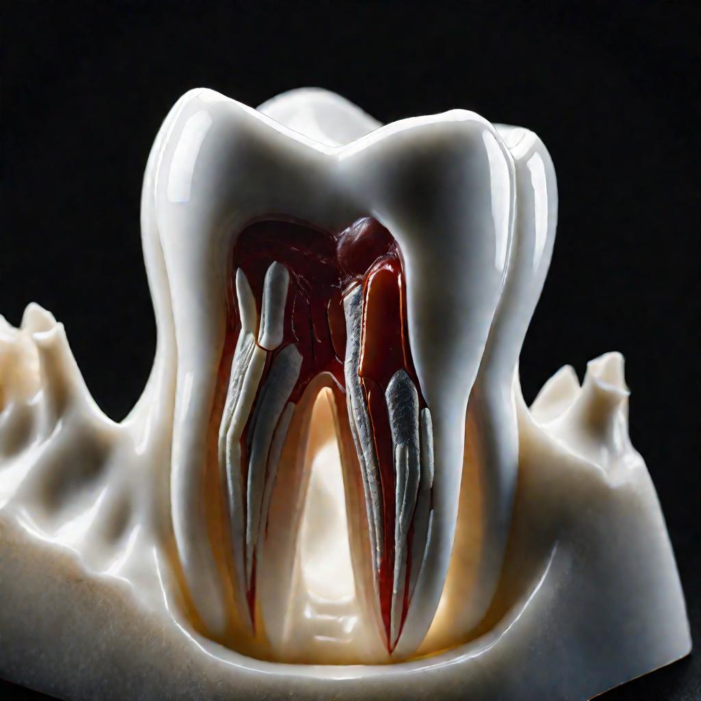 Модель большого коренного зуба в увеличении с детальной проработкой анатомии.