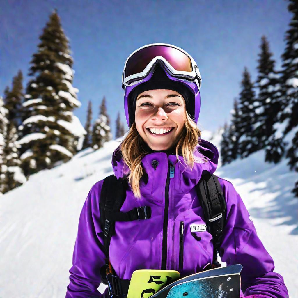 Девушка-сноубордистка с улыбкой смотрит в камеру на фоне деревьев