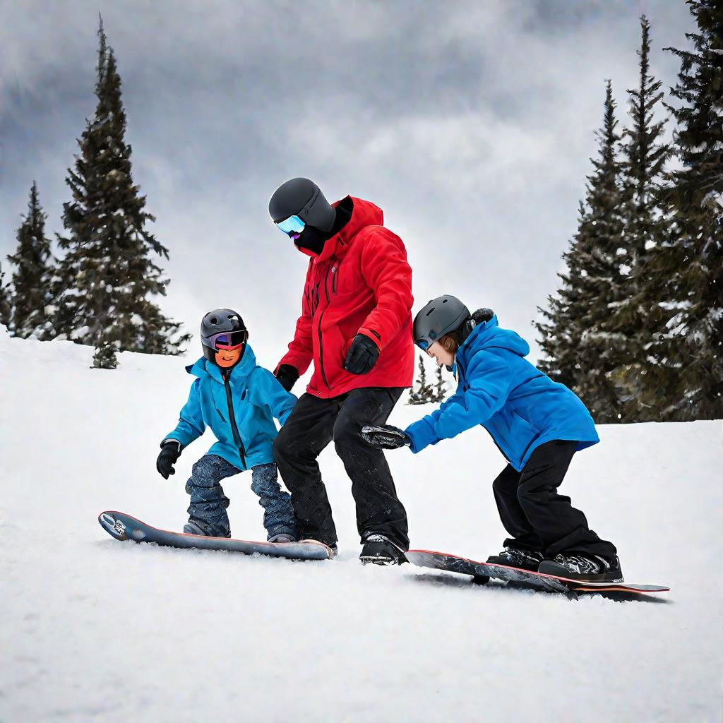 Инструктор учит детей стойке на сноуборде на склоне