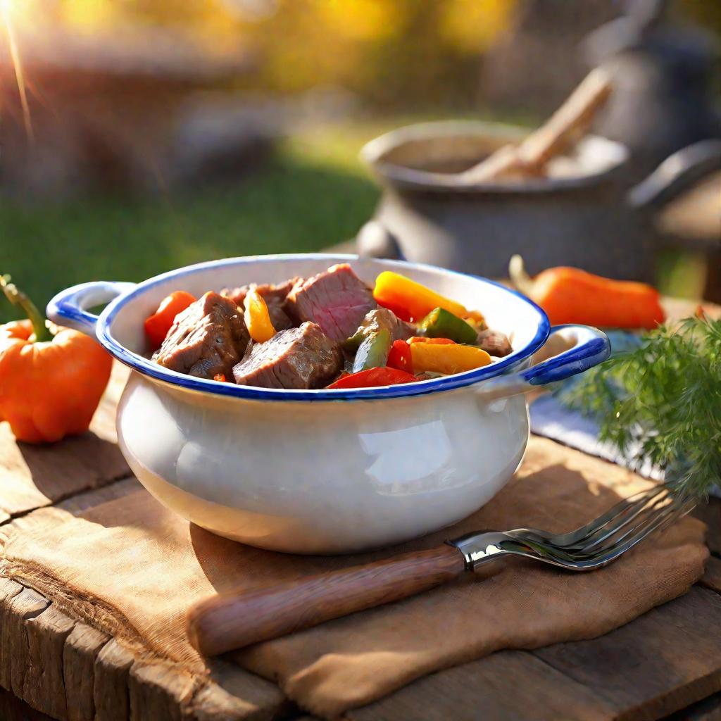 Близкий кадр: рагу из говядины с овощами в керамической посуде на деревянном столе на улице в осеннее утро