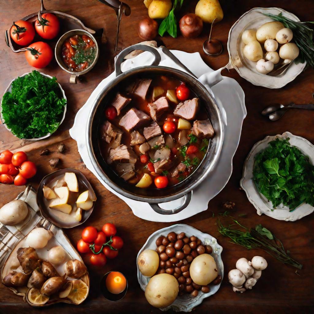 Вид сверху: кипящий горшочек с ароматным рагу из свинины с картофелем, грибами и помидорами на накрытом столе ночью