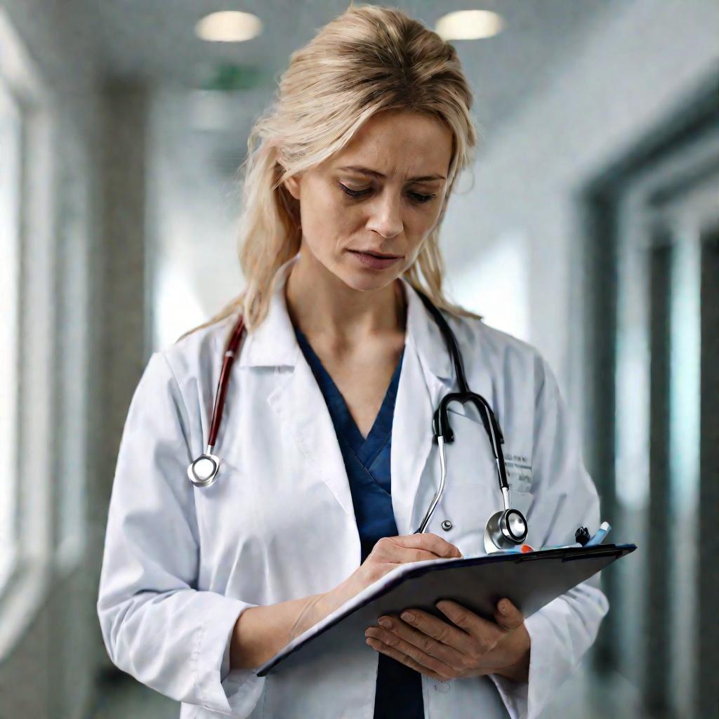 Женщина врач смотрит в бумаги