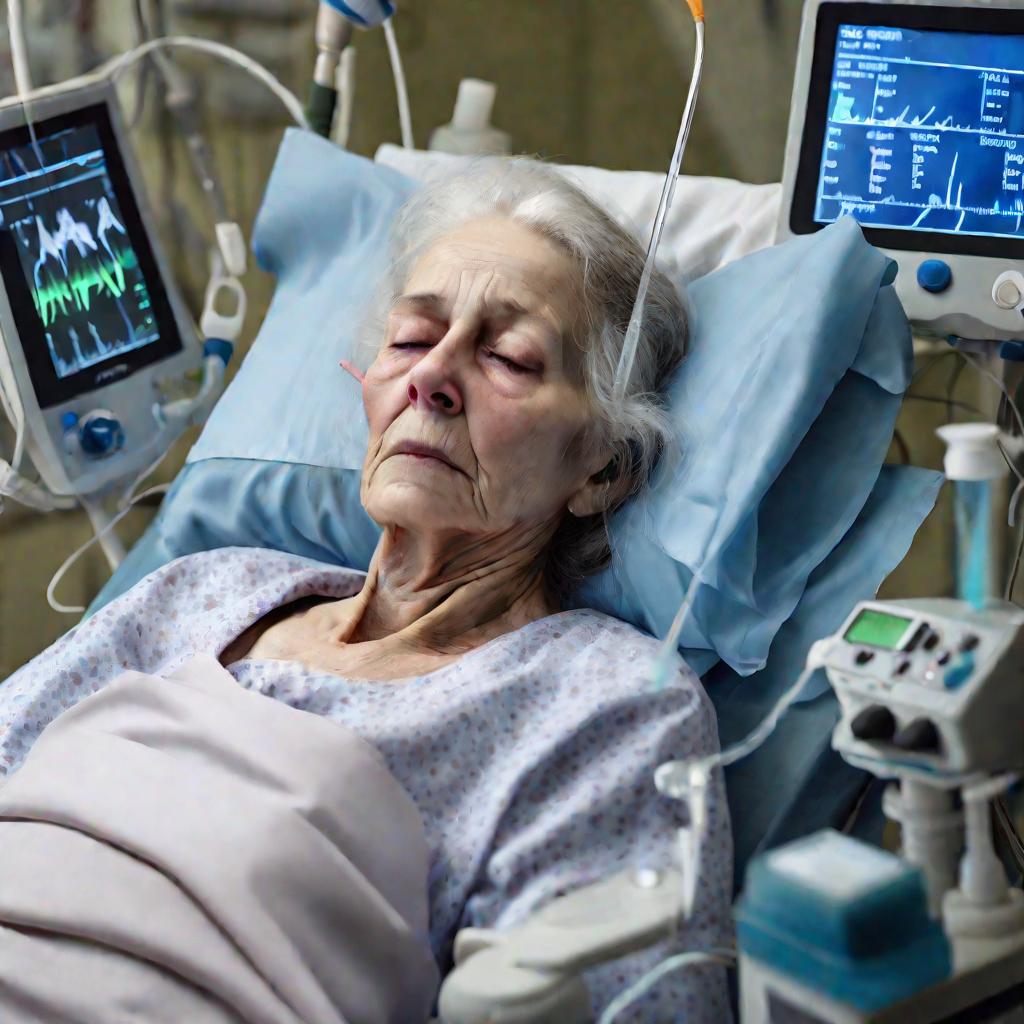 Портрет умирающей старушки в больничной палате на каталке с кислородной маской
