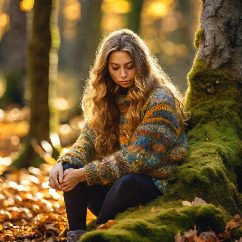 Женщина в лесу осенью дотрагивается до шелушащейся кожи на лице