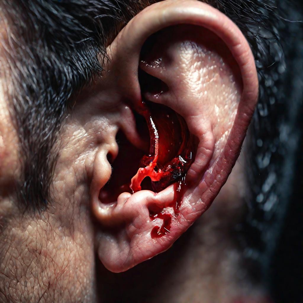 Макросъемка уха из которого течет кровь