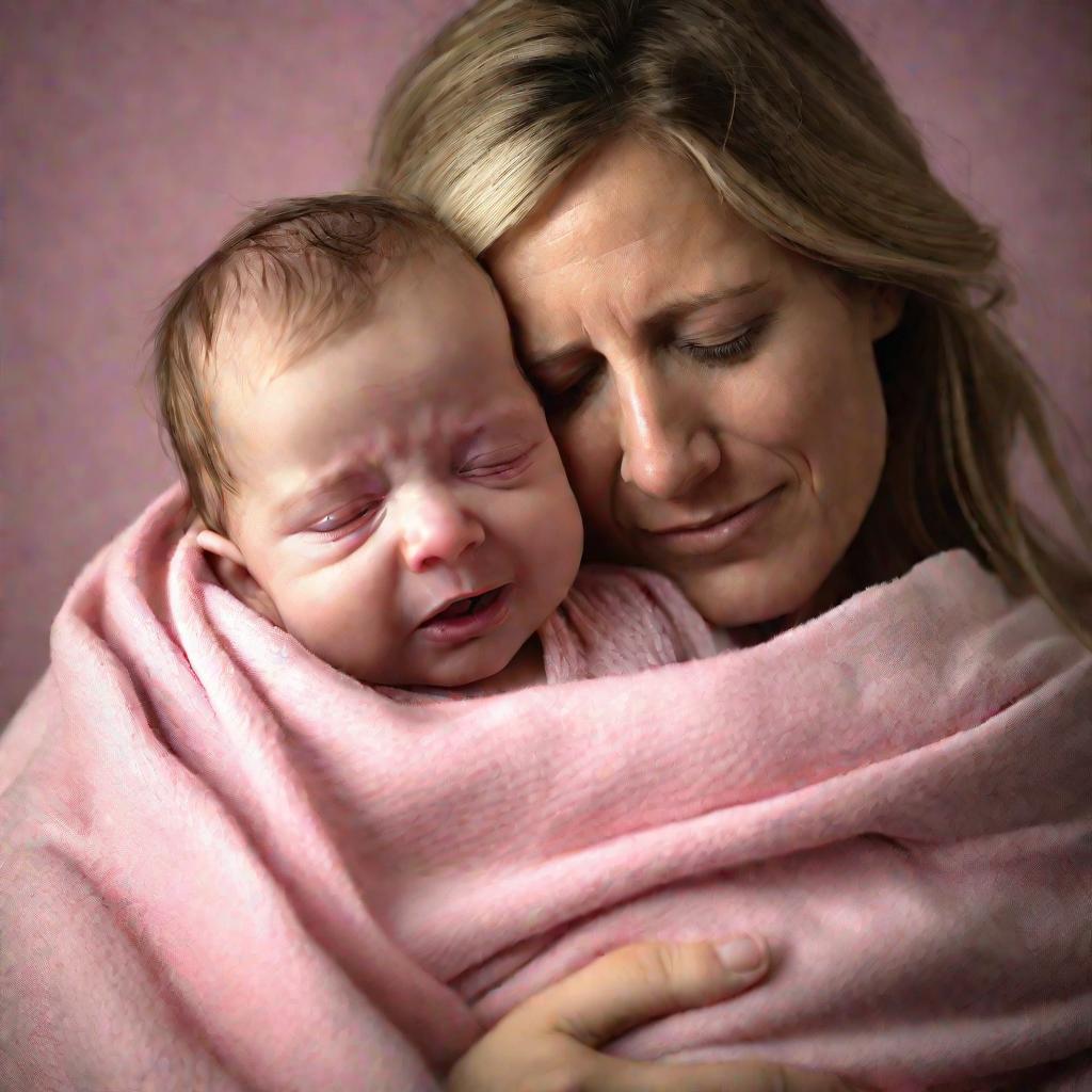 Портрет матери, успокаивающей плачущего новорожденного ребенка на руках