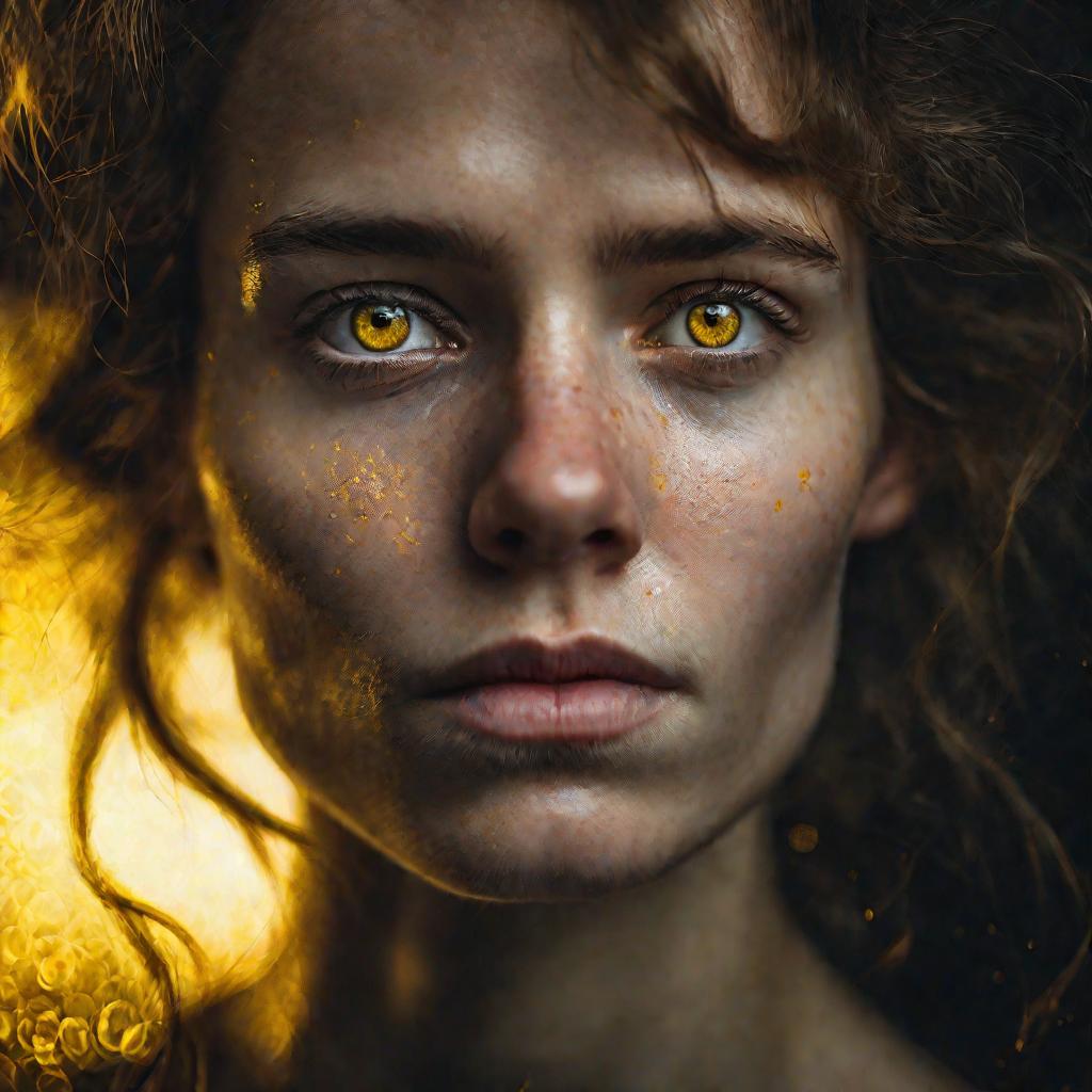 Портрет с ярко-желтыми глазами на темном фоне.