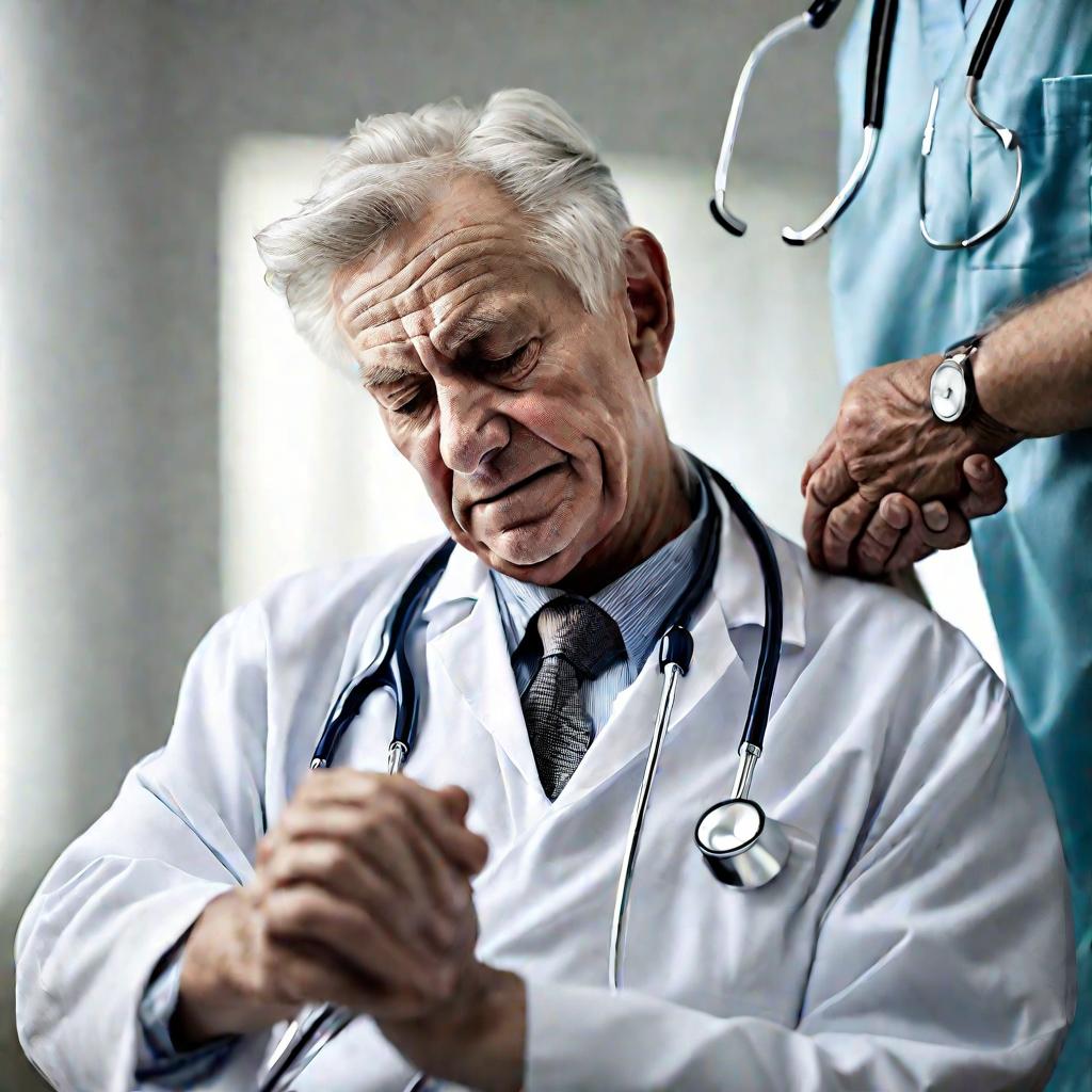 Пожилой мужчина проходит обследование тазобедренных суставов у врача.