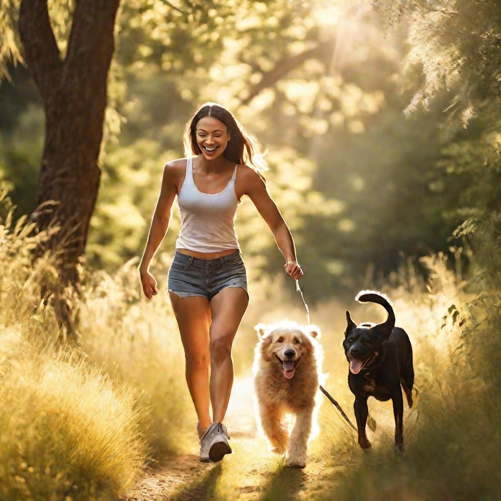 Девушка гуляет с собакой на природе