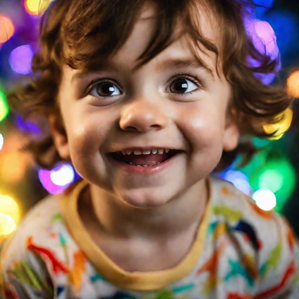Ребенок счастливо смотрит на яркую подсветку потолка в детской