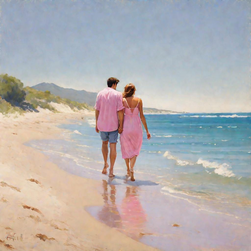 Счастливая пара гуляет по пляжу