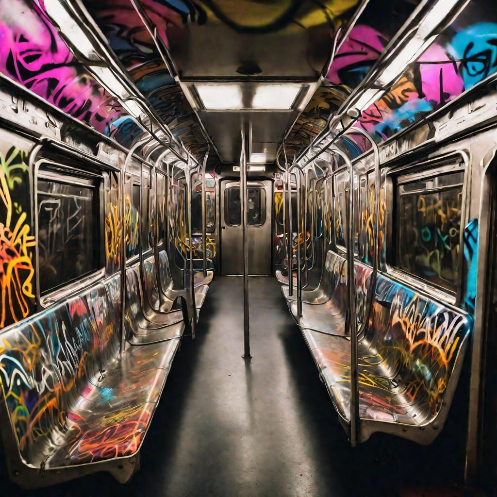 Вагон метро ночью с граффити на стенах и уставшими пассажирами.