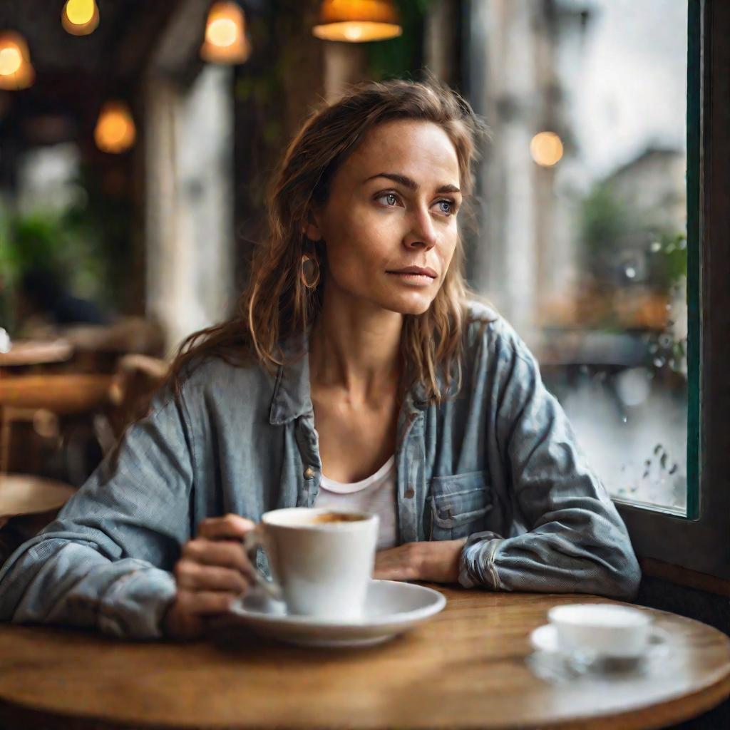 Женщина пьет кофе с салатом в кафе