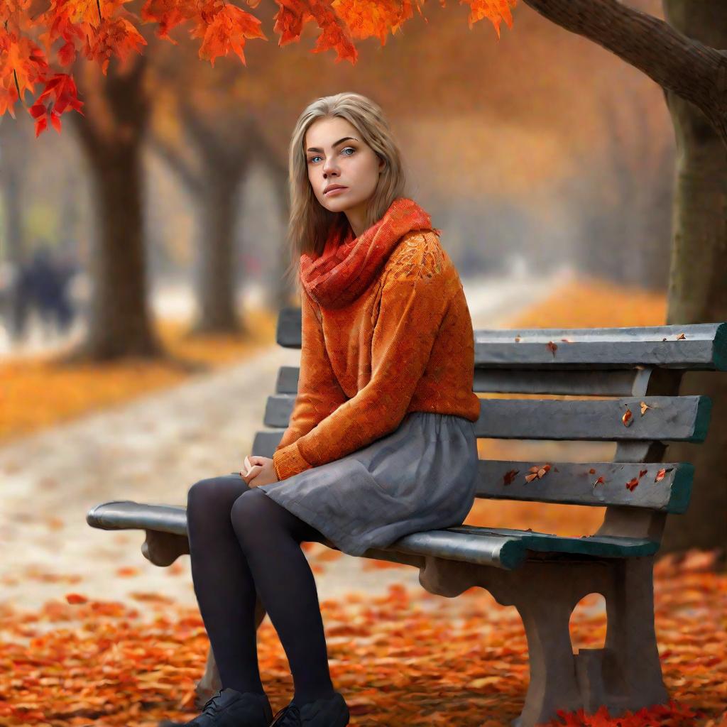 Женщина, задумчиво сидящая на скамейке в парке осенью