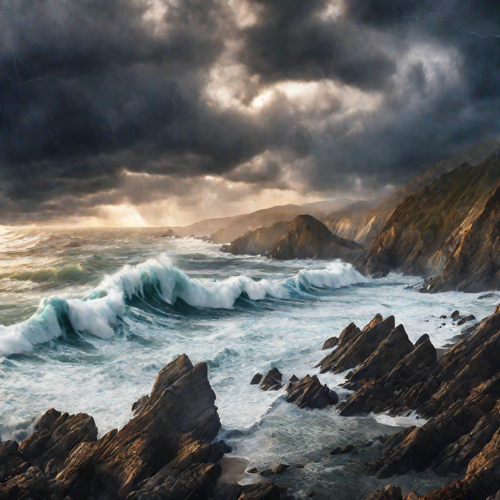 Широкий вид Тихоокеанского побережья с гигантскими волнами и штормовой погодой, символизирующими воспалительную фазу болезни Грейвса с интенсивными симптомами тиреотоксикоза