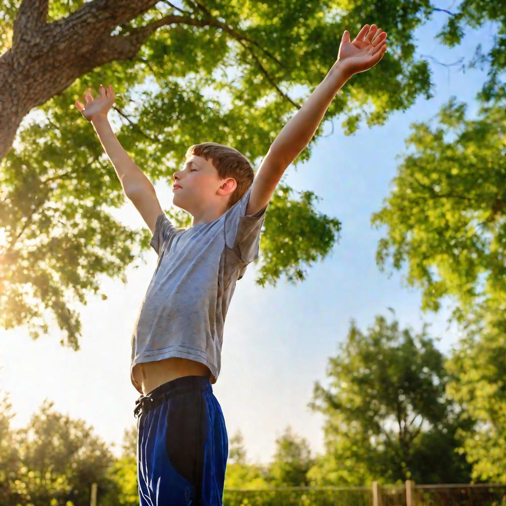 12-летний мальчик со сколиозом делает терапевтическую гимнастику на улице в солнечное летнее утро