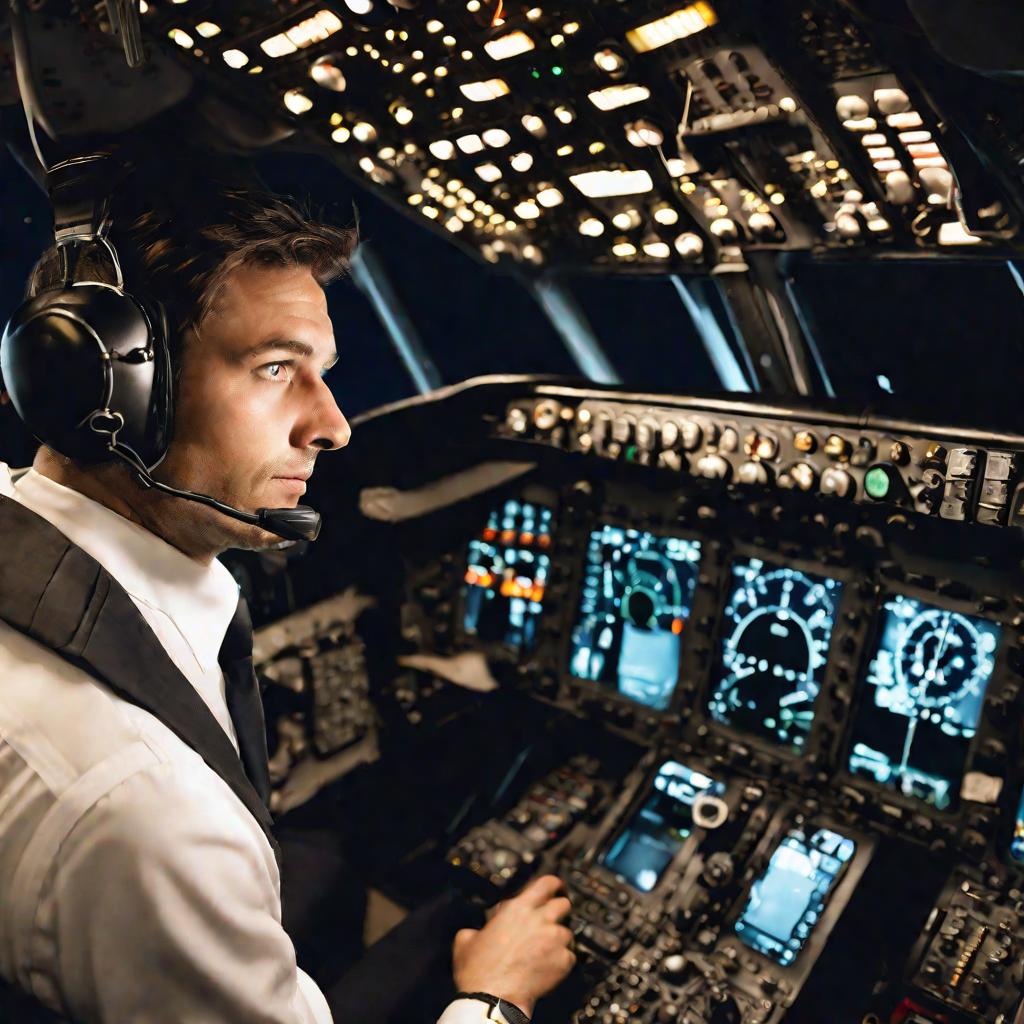 Портрет пилота в кабине самолета ночью