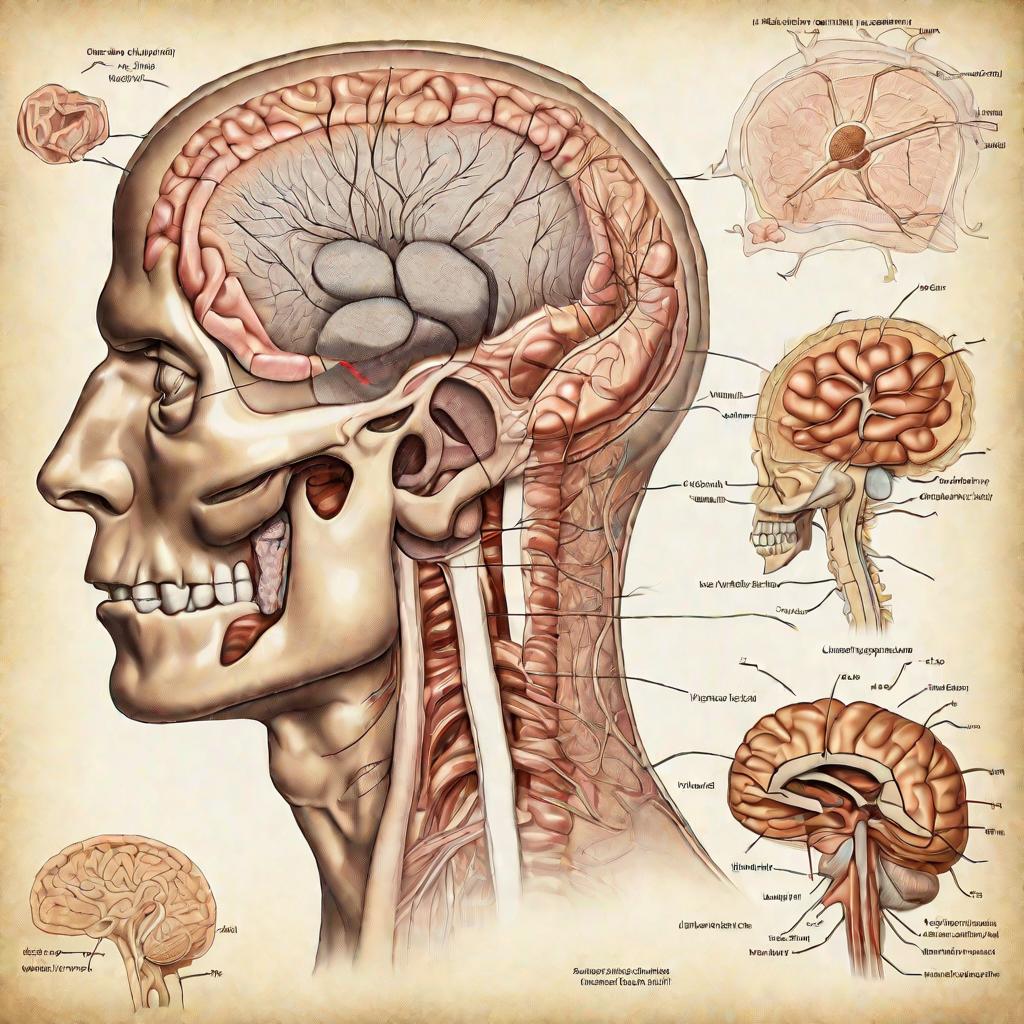 Анатомический рисунок головы человека в разрезе с детальным изображением гипофиза и окружающих структур