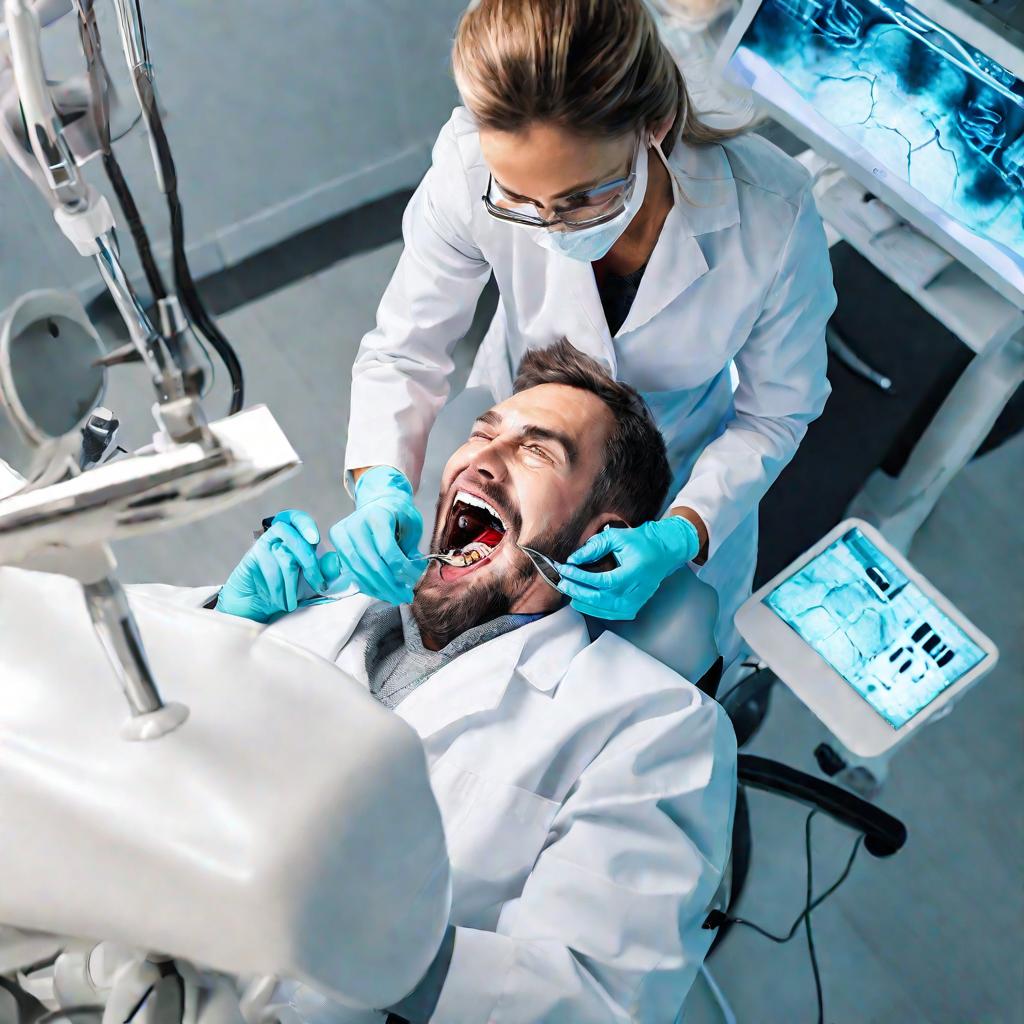 Стоматолог удаляет ультразвуком зубной камень у пациента в кресле