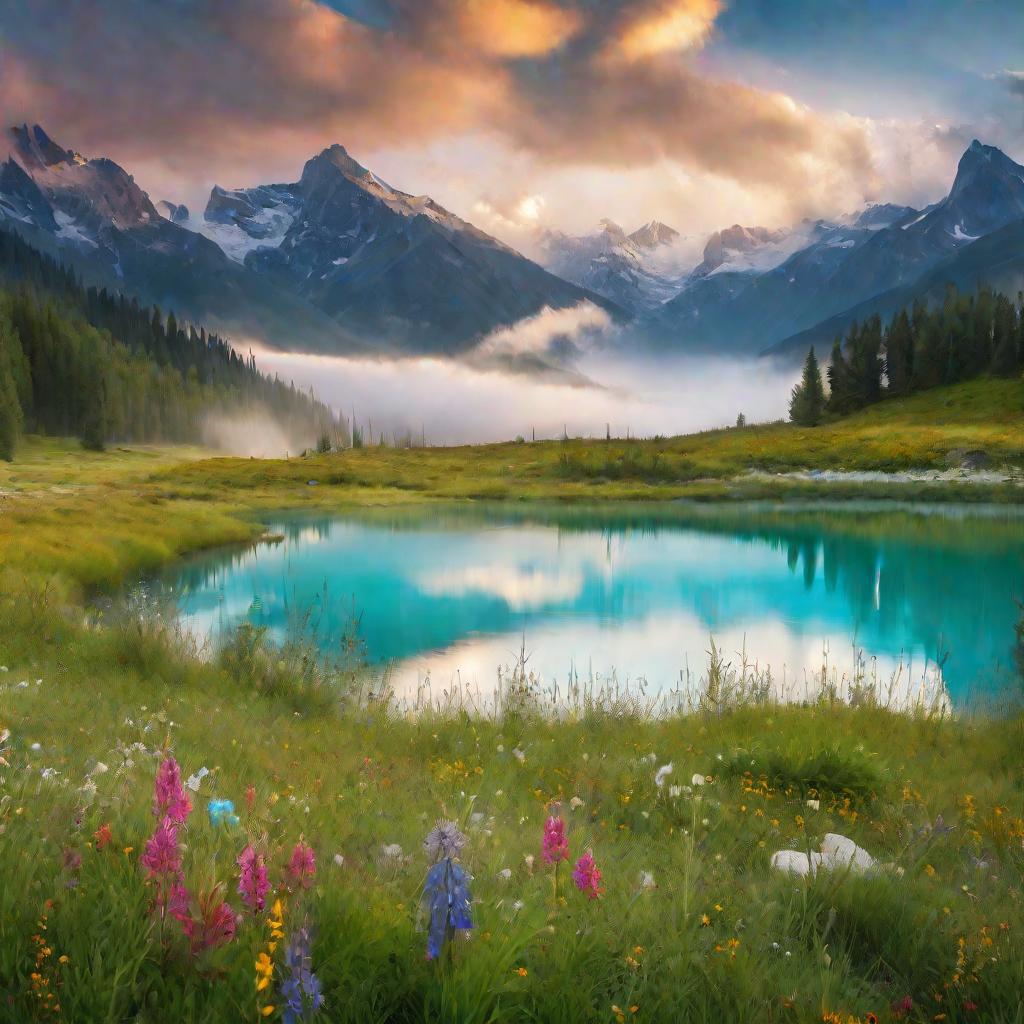 Живописный вид на цветущий луг, горы и озеро на рассвете.