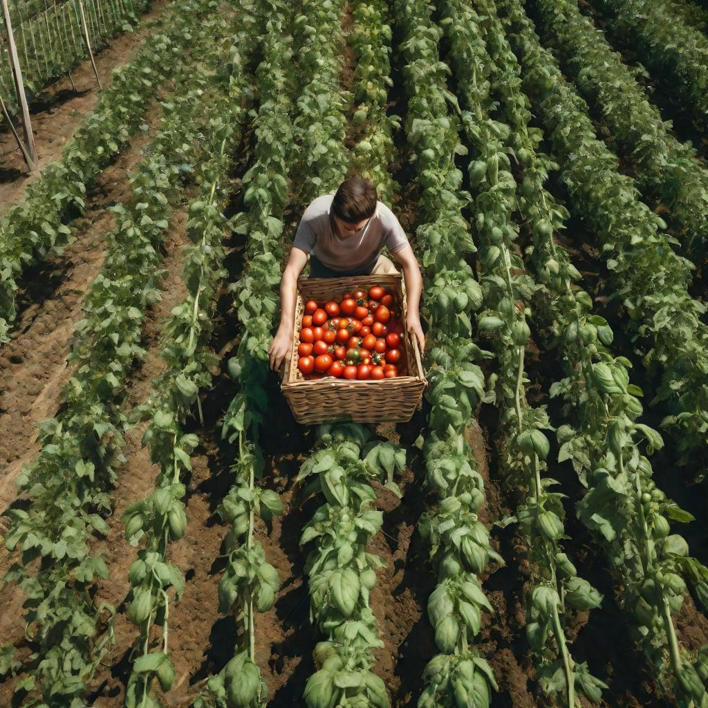 Поле помидоров, человек собирает урожай