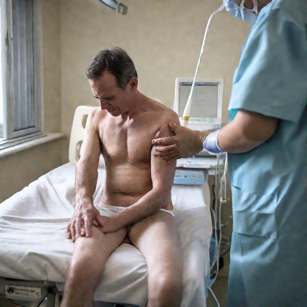Врач осматривает пациента с синдромом Титце, пальпируя болезненный участок