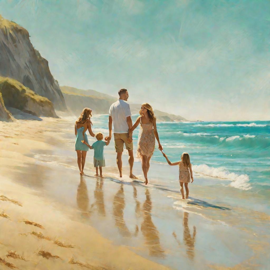 Семья гуляет по пляжу летом