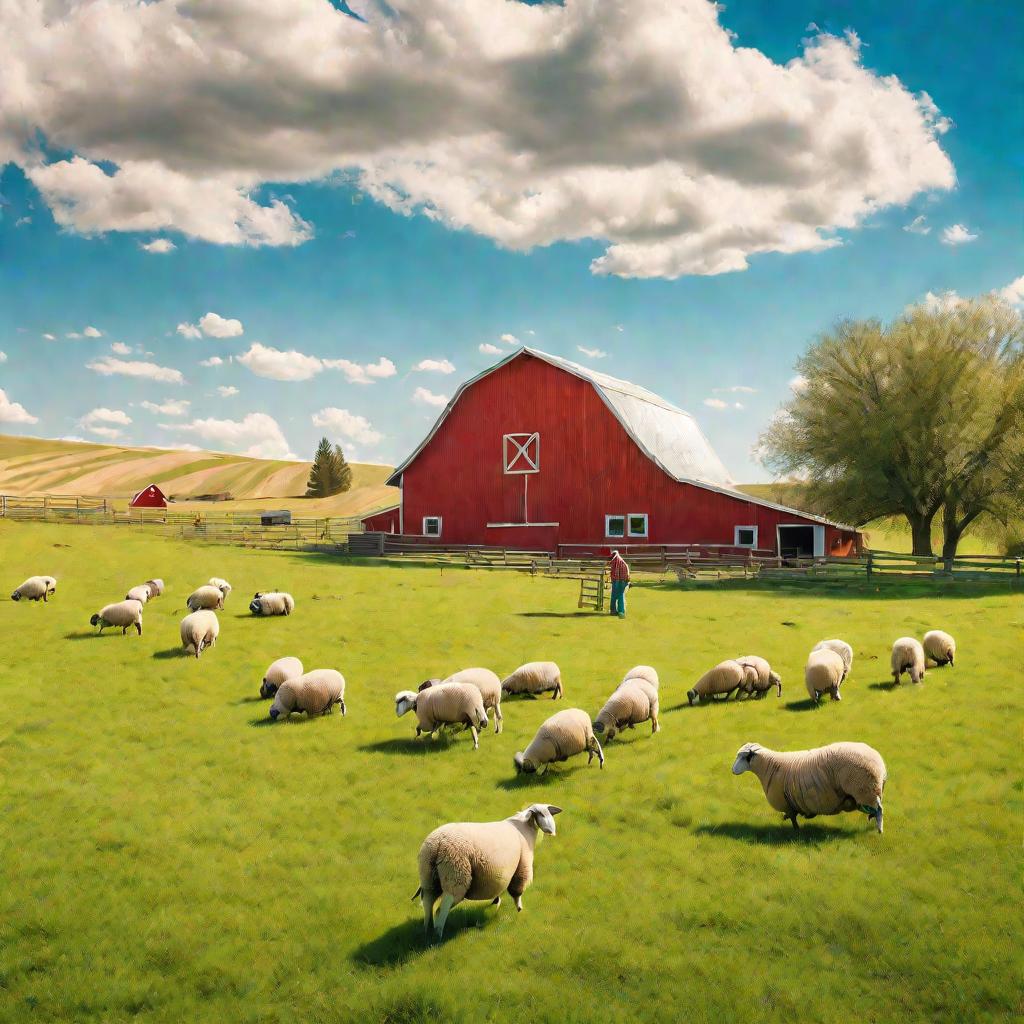 Живописный вид пастбища с пасущимися овцами и фермером на фоне красного сарая