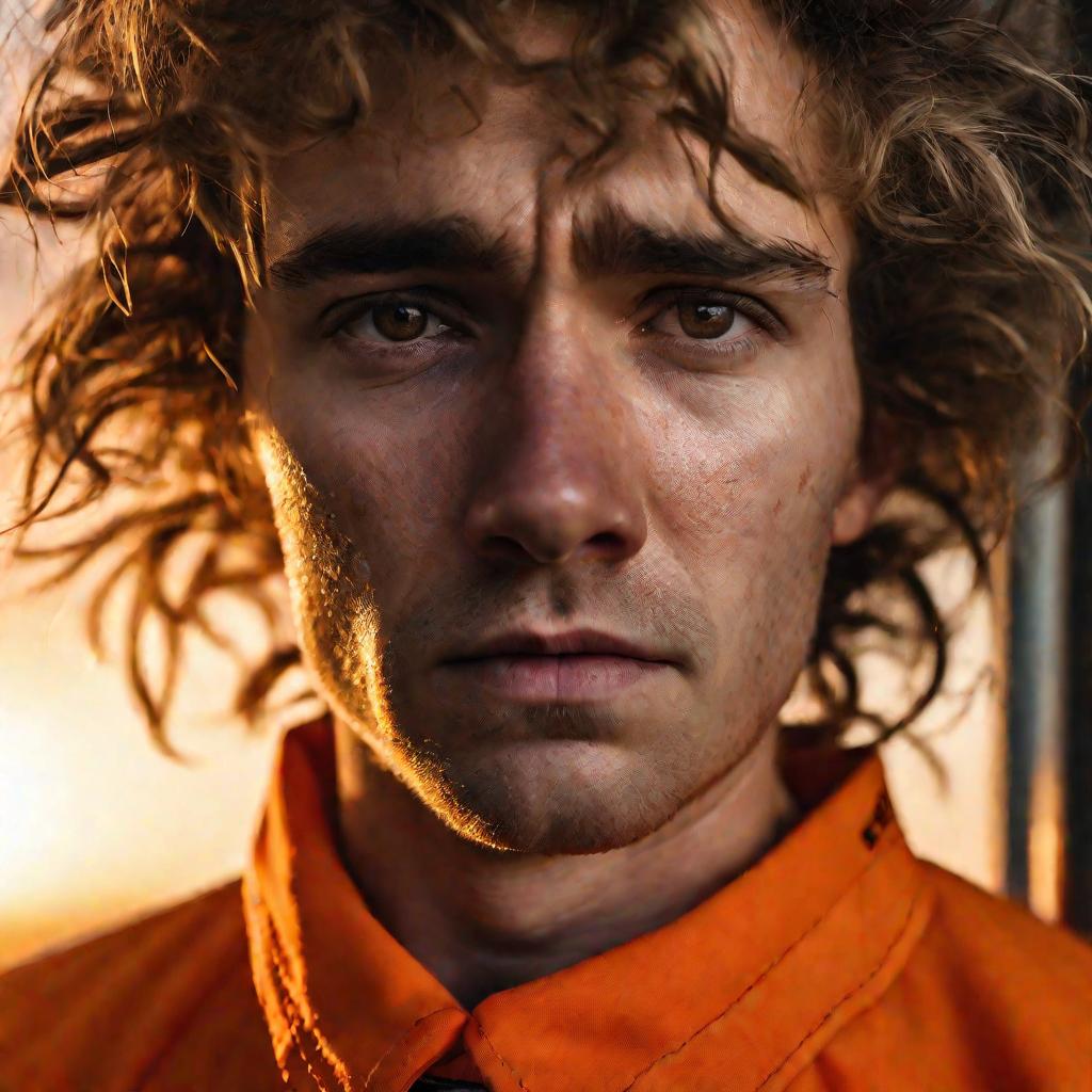 Портрет огорченного человека в оранжевой униформе заключенного, его лицо наполовину освещено золотым светом заката из маленького зарешеченного окна