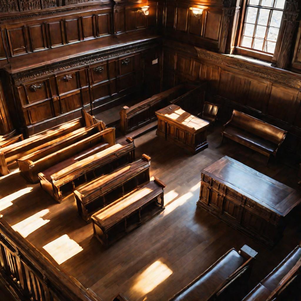 Вид сверху на судейскую скамью из темного полированного дерева с детальной резбой - фигуры Леди Правосудия в помещении суда, полосы света из окна бросают косые тени