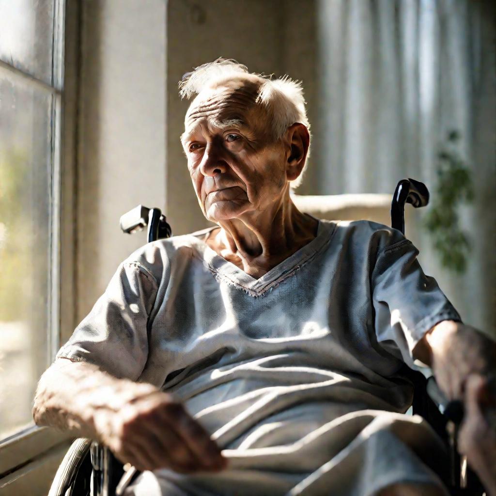 Портрет пожилого мужчины в инвалидной коляске, смотрит в окно