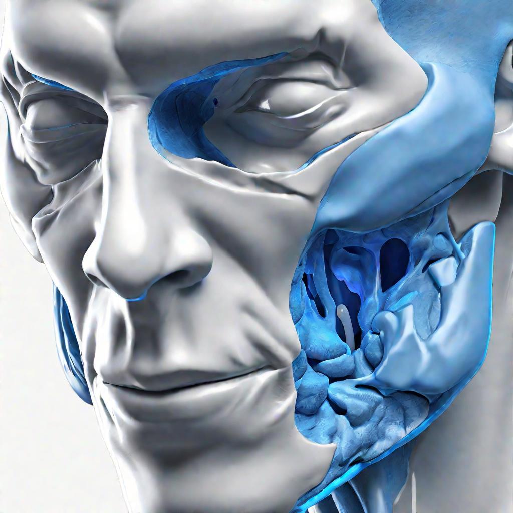 3D модель головы с гайморовыми пазухами, одна из которых выделена синим и содержит кисту