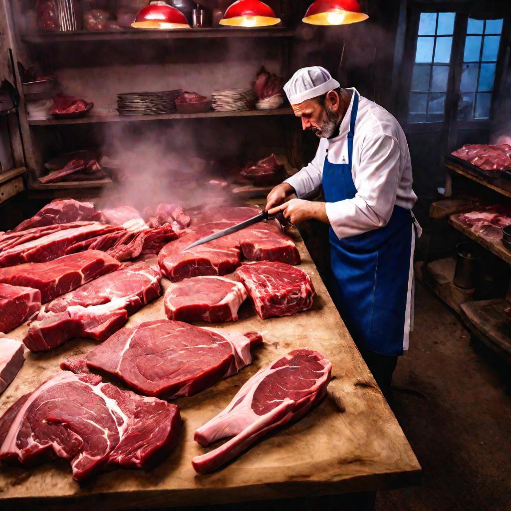 Драматичный туманный вид сверху в синий час на мясника, режущего на улице большие куски красного мяса на деревянном столе, окруженном острыми ножами и тесаками.
