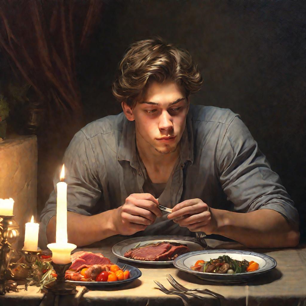 Молодой задумчивый мужчина сидит за ужином при свечах и смотрит на тарелку с аппетитно приготовленным мясом и овощами, его лицо мягко освещено мерцанием свечи, пока он принимает решение.